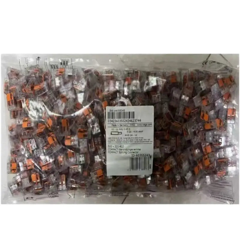 WAGO 221 Series 500 Pieces Bulk Bag, Reusable Push‑in Wire Splicing Connectors, Home & Industrial Electrical Wiring Terminals
