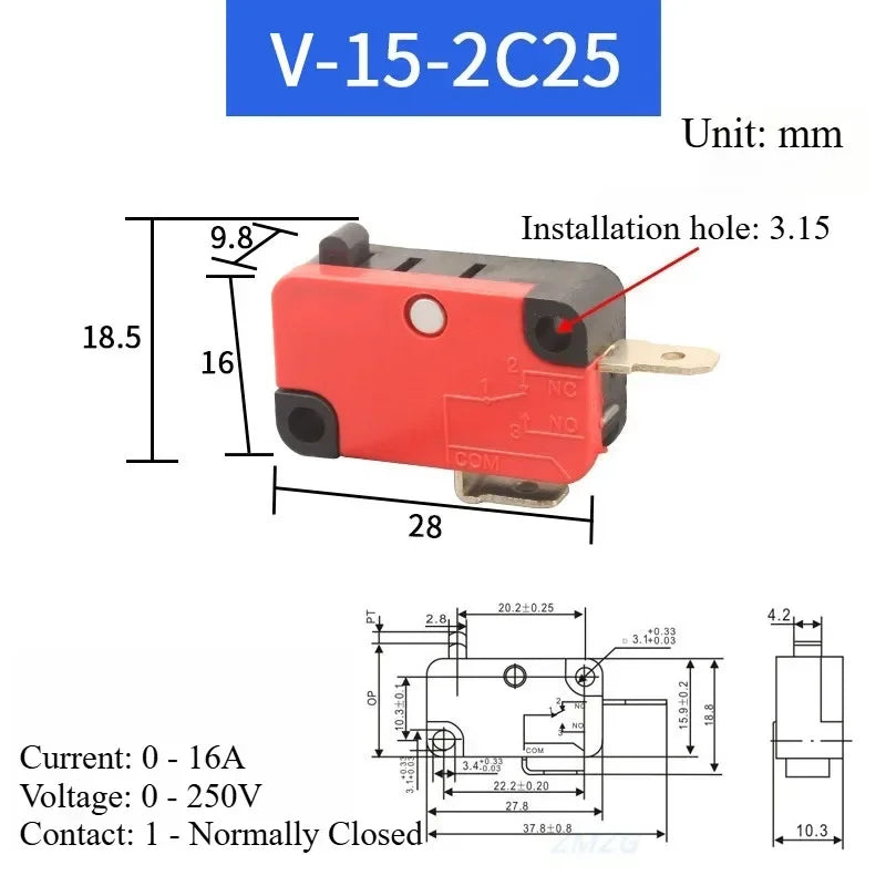5pcs Travel Limit Switch Micro Switch Self-resetting V-152-1C25 3-pin Miniature Push Button Tactile Microswitch V-152 V-153 V-15