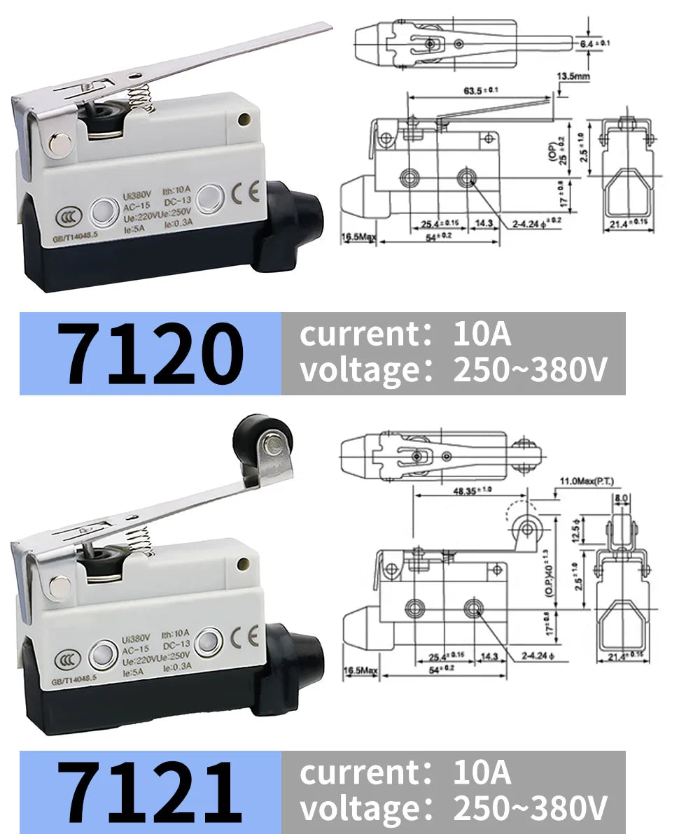 10Pcs Horizontal Limit Switch Long Hinge Roller Lever Momentary SPDT 1NO 1NC 380V 10A Industrial Travel Position Switch IP54
