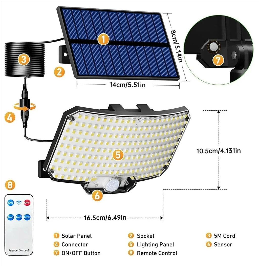 234 LED Solar Lights Outdoor Motion Sensor Dusk to Dawn Solar Powered Security Flood Light, Split 16.5ft Cable for Wall Garden