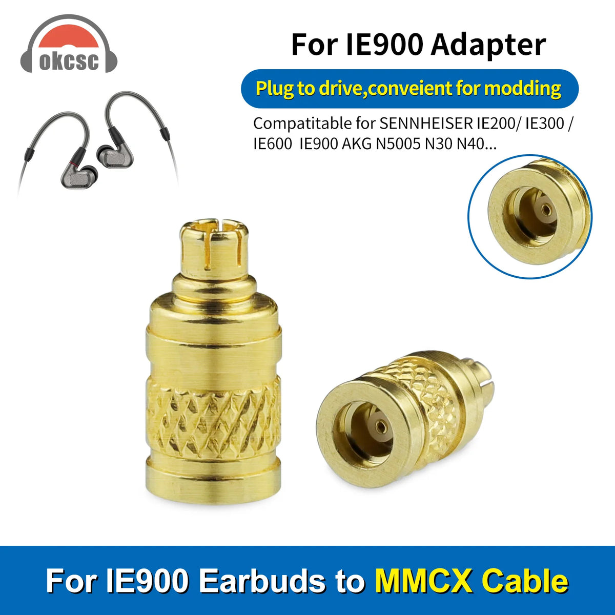 OKCSC HIFI Earphone Connecter for MMCX Female to IE900 Male Adapter for SENNHEISER IE200/IE300/IE600/IE900/AKG N5005/N30/N40