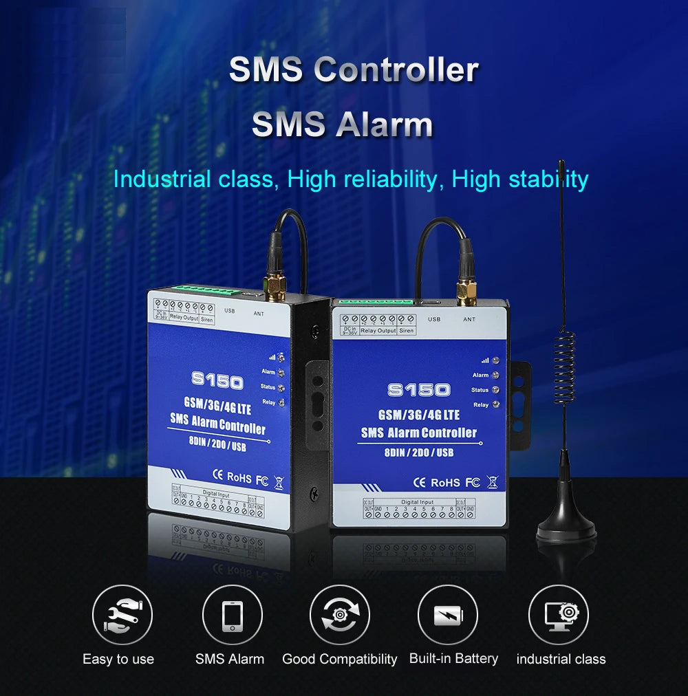 GSM 3G 4G Cellular RTU SMS Alarm Controller S150 8DIN 2Relay Switch Industrial IoT Monitoring System In-Built Watchdog
