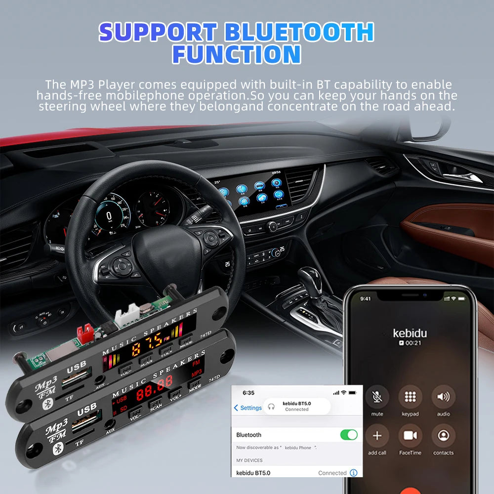 KEBIDU Bluetooth 5.3 MP3 Player DC 12V MP3 Decoder Board Car Wireless Music Player Folder Switching USB TF FM Radio For Speaker
