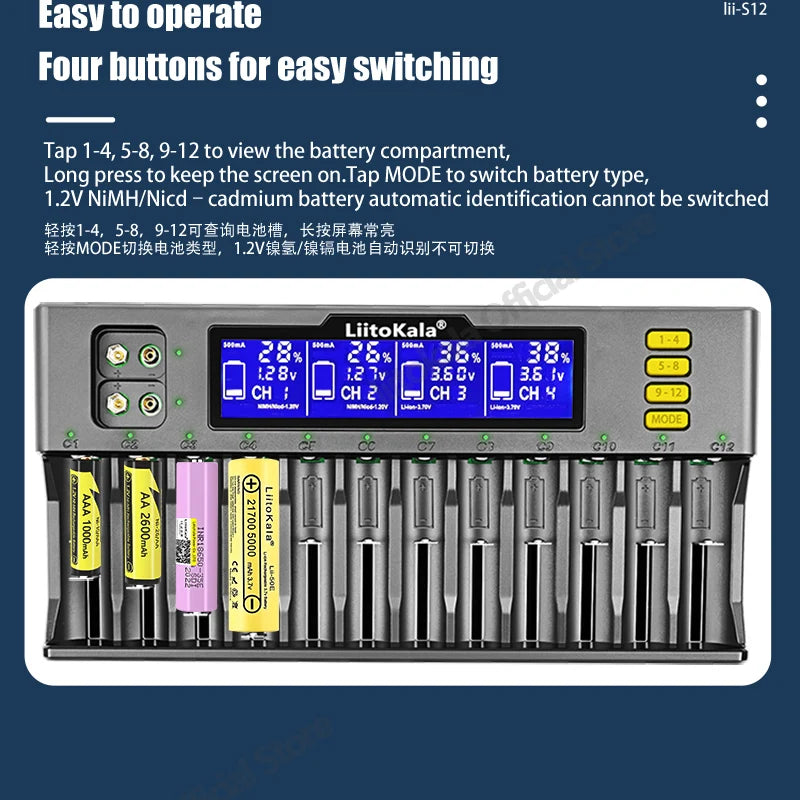 LiitoKala Lii-S12 12-Slot LCD Battery Charger for Li-ion LiFePO4 Ni-MH Ni-Cd 9V 21700 20700 26650 18650 16340 18350 RCR123 18700