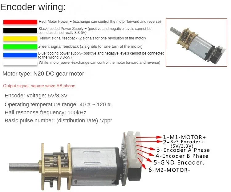 GA12 N20 Encoder DC 12V (6V 5V 3V) Mini Micro Metal Gear DC Motor with Gearwheel High Torque 30-4000RPM 7PPR Hall Sensor Encoder