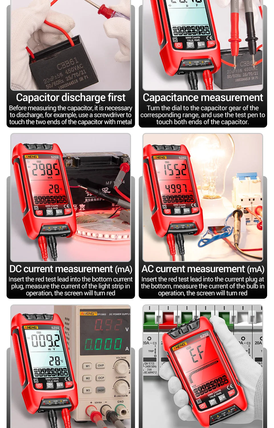 ANENG SZ02 Digital Multimeter Transistor Smart Testers 9999 Counts True RMS Auto Electrical Capacitance Meter Temp Resistance