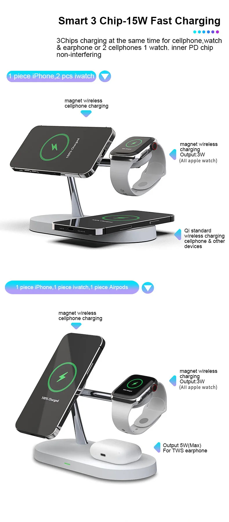 3 in 1 Magnetic Wireless Charger For iPhone 16 15 14 13 12 Fast Charging Station for Apple Watch 10 9 8 7 6 5 4 Airpods 2 3 Pro