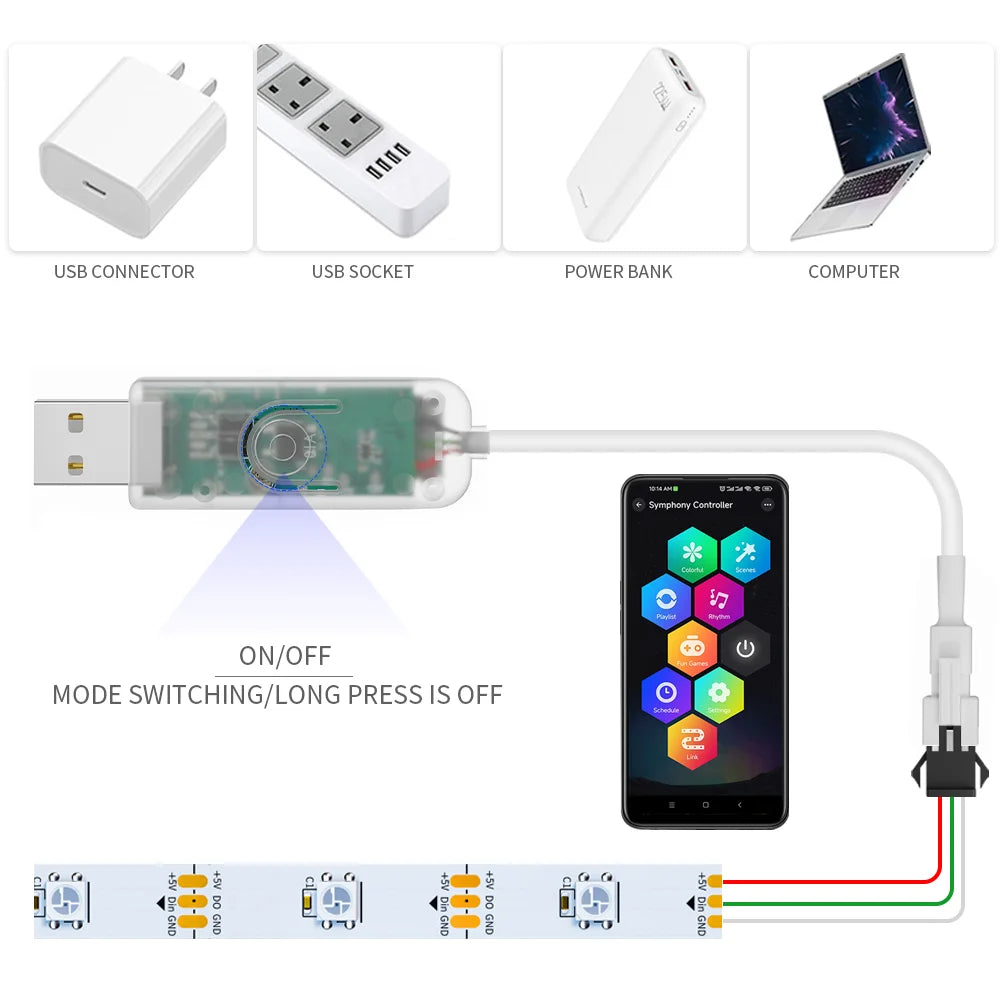 WS2812B LED Strip Bluetooth Wifi Music Controller Kit Individually Addressable Smart RGB LED Tape 30/60/74/96/144Leds/m USB DC5V