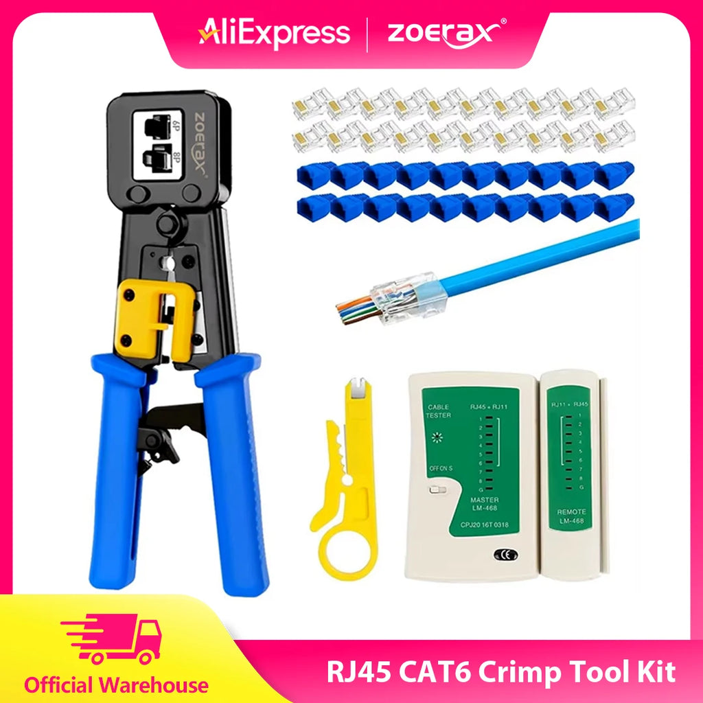 ZoeRax RJ45 Cat6/5e/5 Crimp Tool Kit with 20PCS Cat6 pass through Connectors and Covers, Wire Punch Down Cutter,Cable Tester