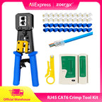 ZoeRax RJ45 Cat6/5e/5 Crimp Tool Kit with 20PCS Cat6 pass through Connectors and Covers, Wire Punch Down Cutter,Cable Tester