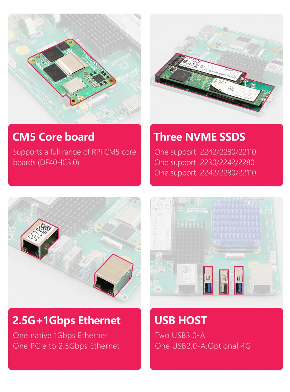 Raspberry Pi CM5_NAS_M.2 board,3* NVME ssd, M.2 support 22110 2280 2242,2.5Gbps ETH and GIGA ethernet, OpenMediaVault,4*PCIE