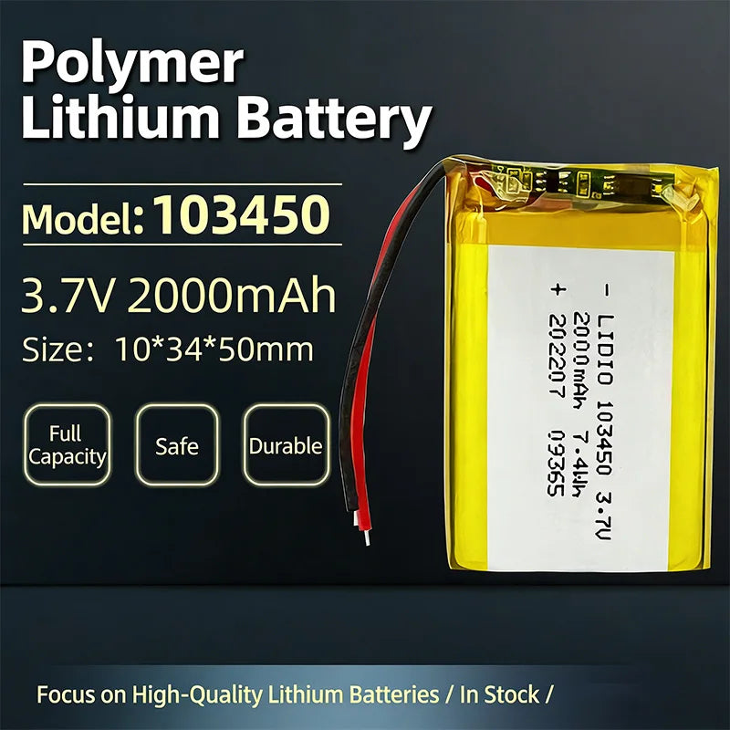 103450 3.7V Li-Po Rechargeable Battery 2000mAh With JST PH 2.0mm Connector for GPS, Cameras & MP3 Gadgets