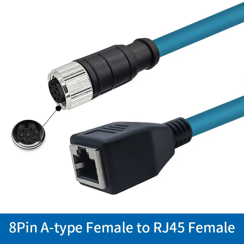 M12 to RJ45 Female Head Gigabit Ethernet Extension Cable 4Pin D-type 8Pin X-type Male A-code Waterproof Connector 1-30M IP67