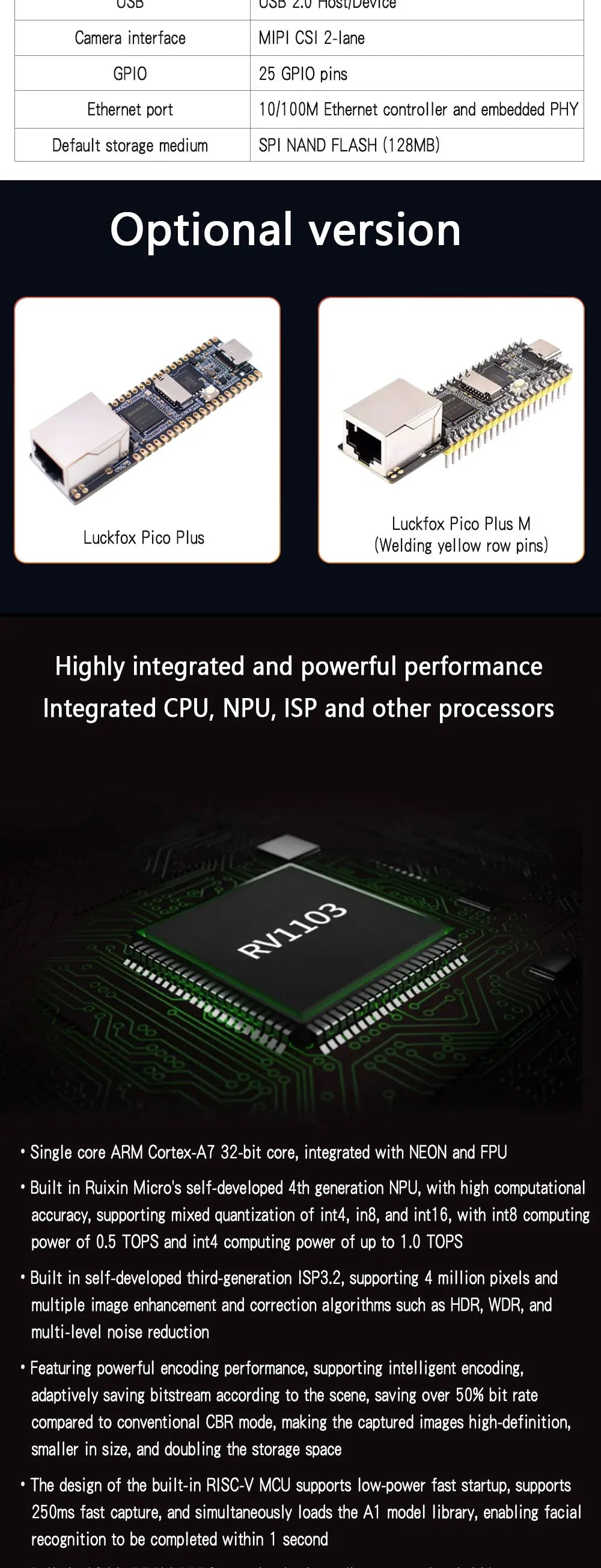 Luckfox Pico Plus,RV1103 Linux Micro Development Board,Integrates ARM Cortex-A7/RISC-V MCU/NPU/ISP Processors,With Ethernet Port