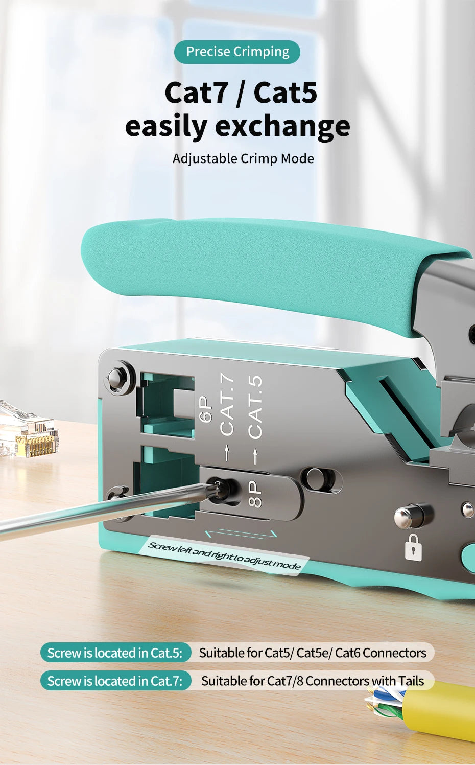 CNCOB RJ45 Pass Through Crimping Tool for Cat8 Cat7 6A Cat6/5e Ethernet Modular Plugs Ends Connectors, All-in-One, RJ11 Crimp