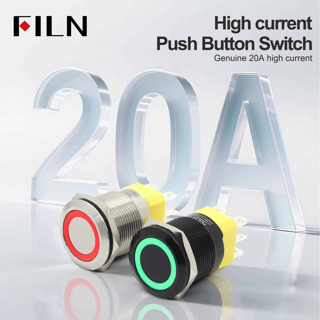 FILN 22mm 20A Stainless Steel Push Button Switch Waterproof IP66 High Current 12V/24V/110V/220V Auto Marine Industrial Control