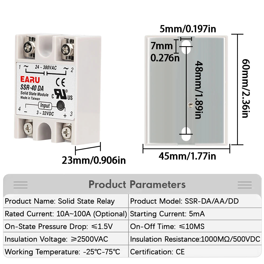 EARU Solid State Relay Single Phase SSR-25DA SSR-40DA SSR-40AA SSR-40DD SSR 10/25/40/60/80/100A DD DA AA PID Temperature Control
