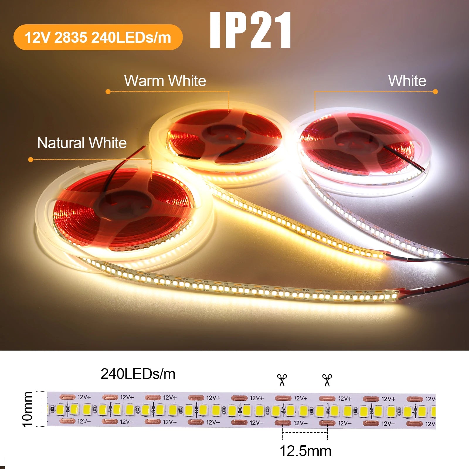 DC 12V 24V SMD 2835 240Leds/M LED Strip Waterproof IP65 IP21 Warm/Natural White Home Decor Flexible Ribbon Tape Light