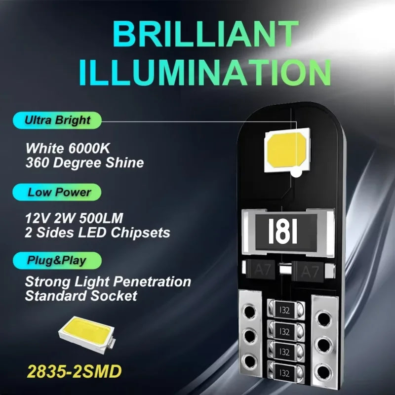 10/20x Car LED Bulb T10 W5W LED Signal Light Canbus 12V 6000K Auto Claerance Wedge Side Reverse Lamps 2835 2SMD White No Error
