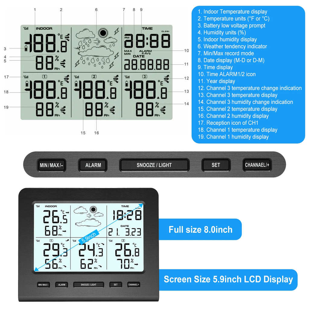 3 Sensors Weather Station with 100m Wireless Transmission Backlight LCD Alarm Clock  for Indoor/Outdoor Temp Humidity Monitor