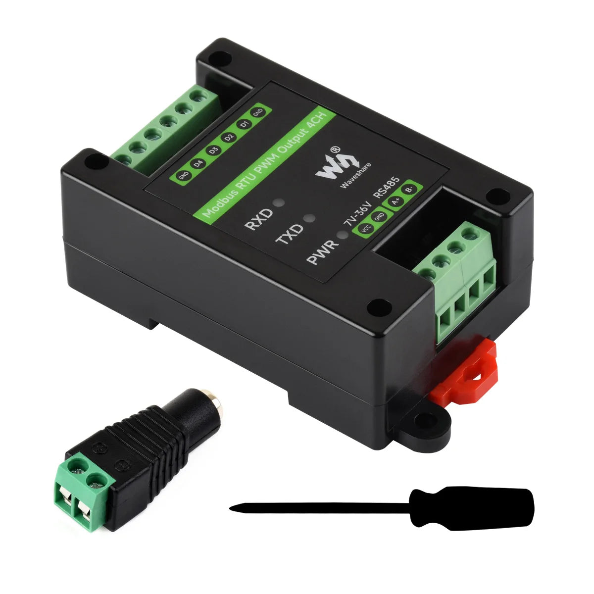 Waveshare Industrial 4-Ch PWM Output Module, Modbus RTU Protocol,RS485 Interface, Adjustable Frequency and Duty Cycle