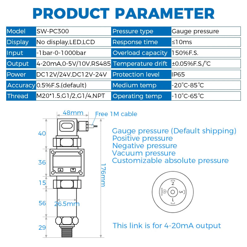 LCD Display Pressure Transmitter 4-20mA 0-5V 10V RS485 Output Water Gas Oil Pressur Sensor Negative Vacuum Pressure Transducer