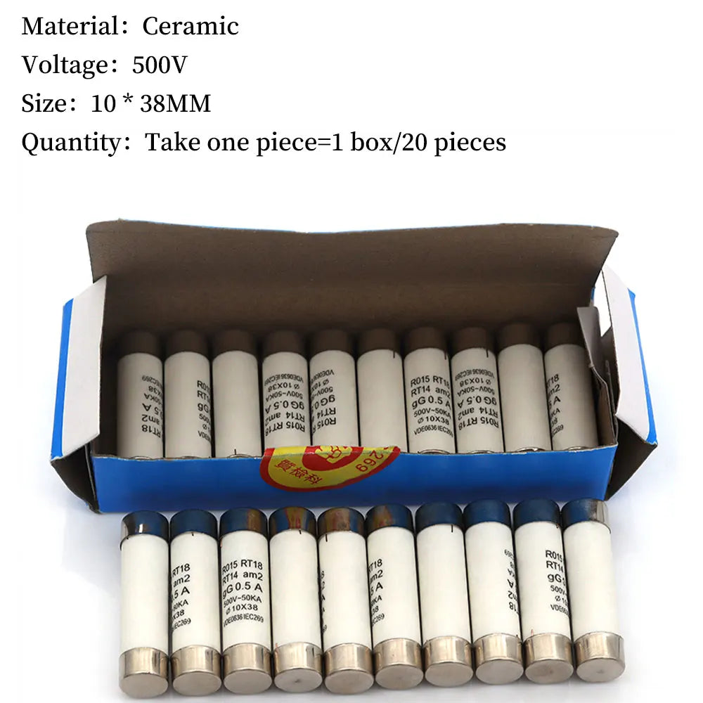 5Pcs 10*38 Fast blow Ceramic Fuse 10x38mm Fuse 500V 0.5A 1A 2A 4A 5A 6A 8A 10A 16A 20A 32A RO15 RT18 RT14