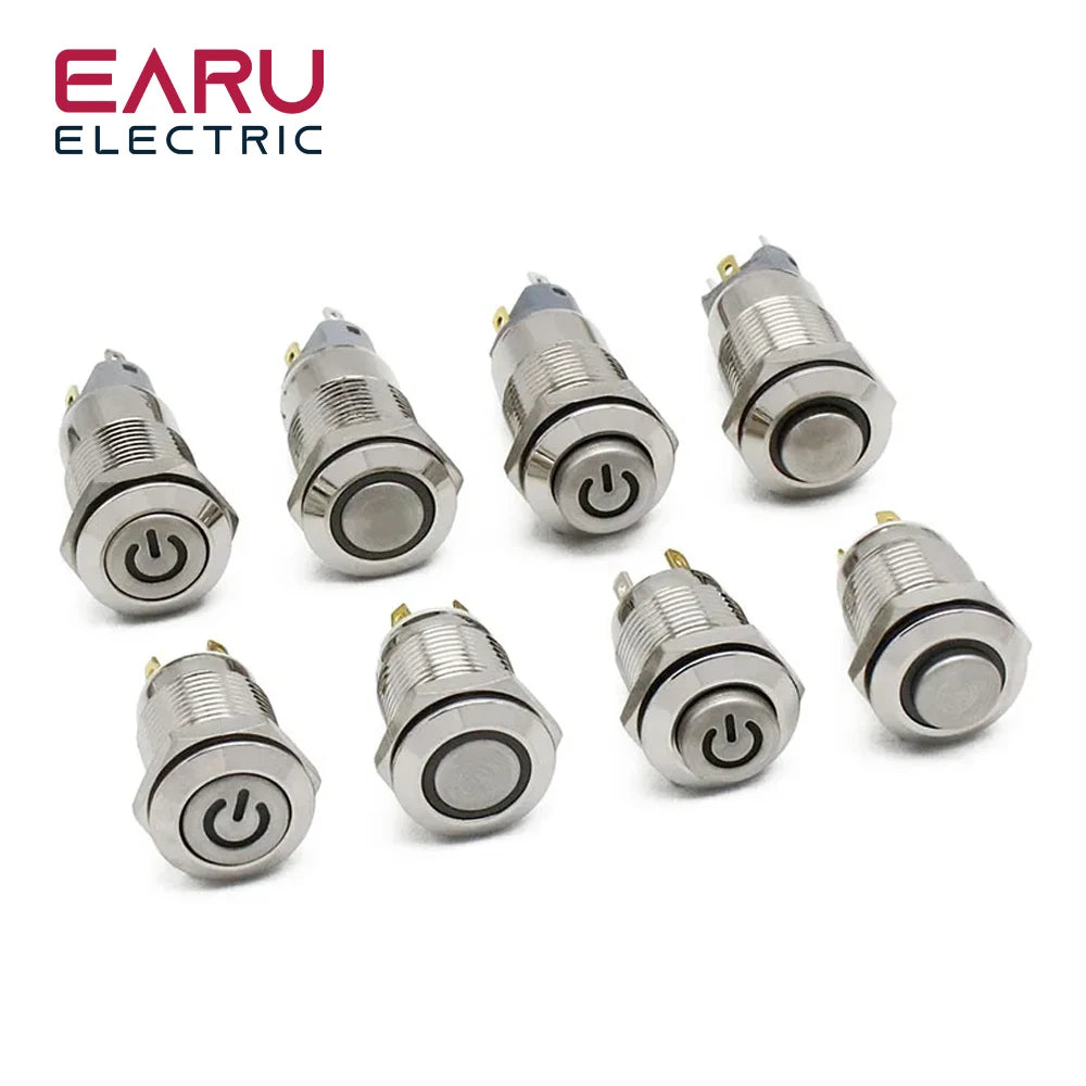 12mm Flat High Head Waterproof Metal Push Button Switch LED Light Momentary Latching Car Engine Computer PC Power Switch 3-380V