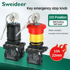 XB4 Key Select Knob Switch 22mm 2/3 Position Self Locking Momentary Self Reset Key Emergency Stop Power Push Button Switch 10A
