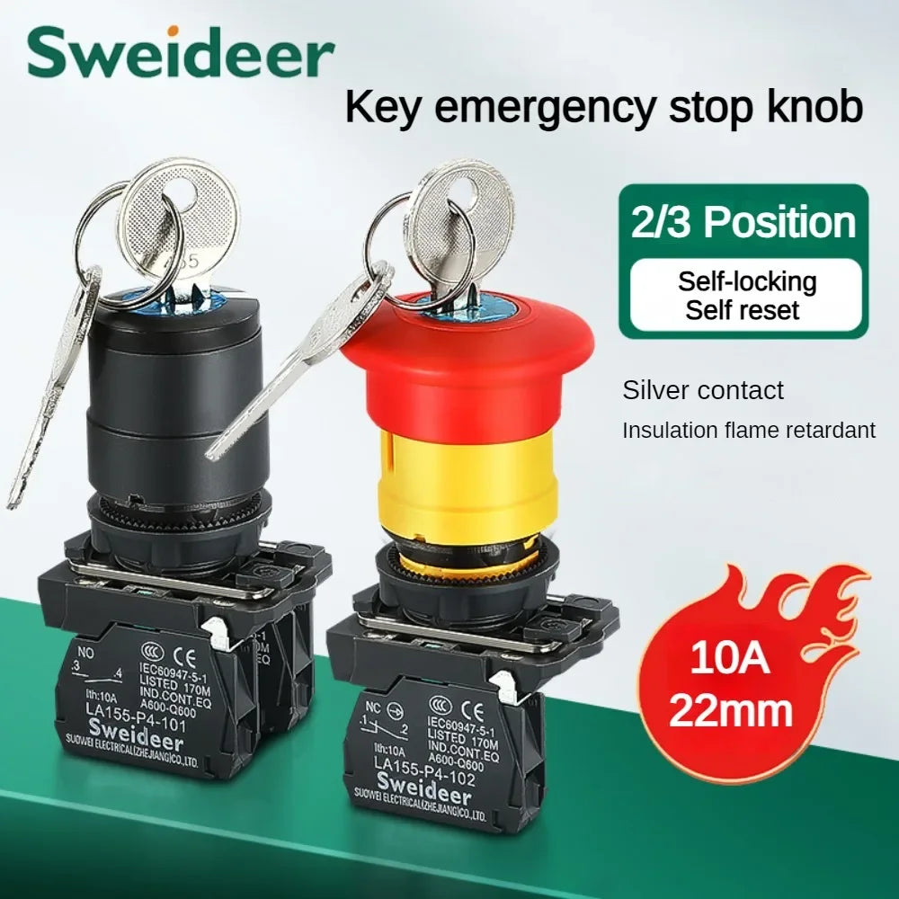 XB4 Key Select Knob Switch 22mm 2/3 Position Self Locking Momentary Self Reset Key Emergency Stop Power Push Button Switch 10A