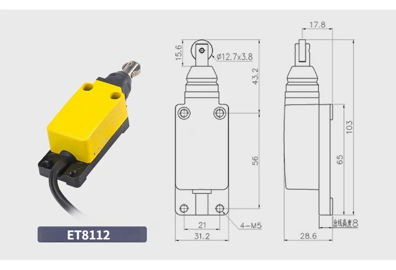 IP67 Waterproof Travel Limit Switch Limit Switch Micro Movement Roller 8108 Sealed Three Core Wire Swing Switch