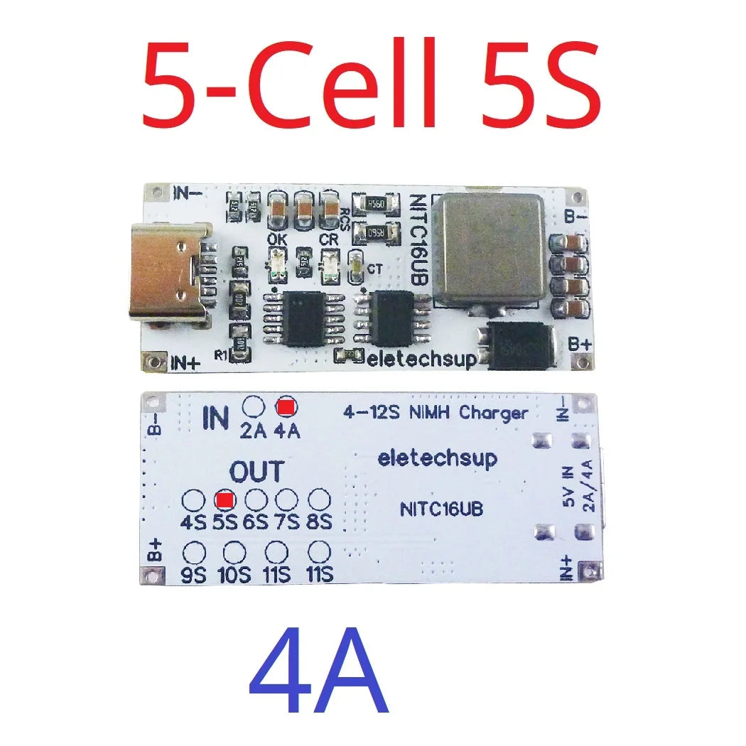 2A/4A 4-12 Cell NIMH Charger Module TYPE-C DC 5V Boost BMS CC/CV NiCd for 4.8V 6V 7.2V 8.4V 9.6V 10.8V 12V 13.2V 14.4V Battery