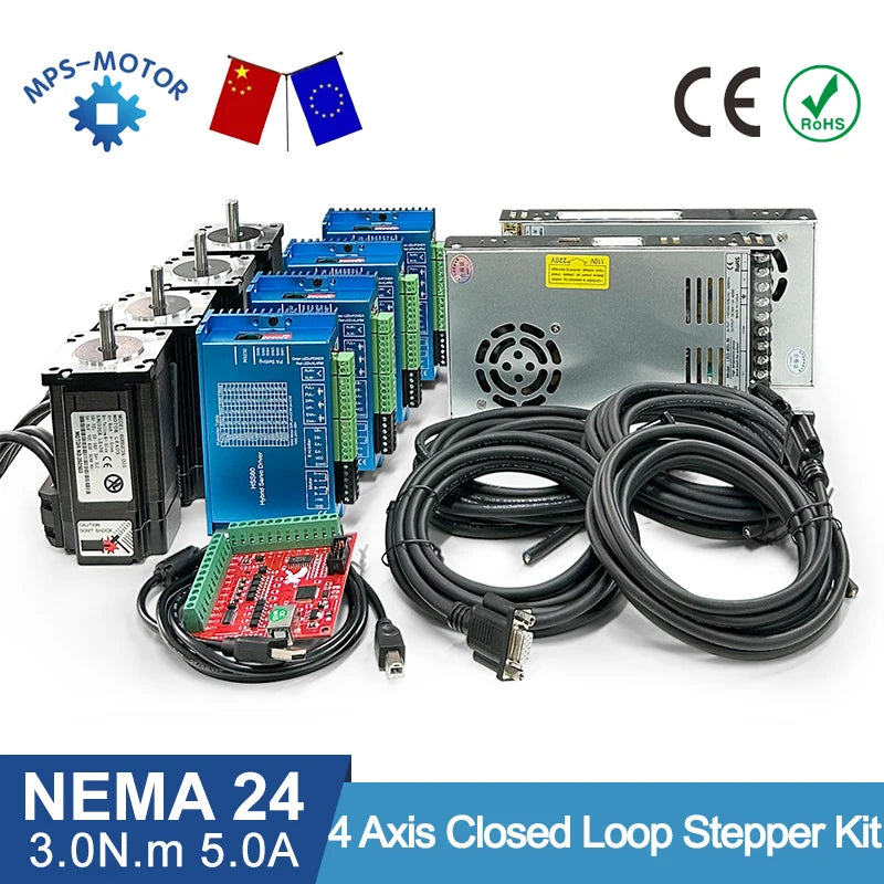 4 Axis 425oz.in 3Nm Nema 24 Closed Loop Stepper Motor With Nema24 Hybrid Step Driver HSS60 3M Encoder Cable Power Supply 36V 10A