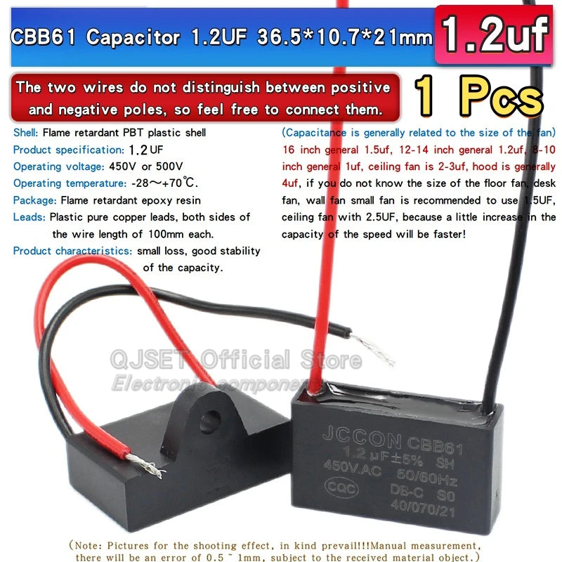 1pcs CBB61 Fan Starting Capacitor 450V 0.8/1/1.2/1.5/2/2.5/3/3.5/4/4.5/5/6/7/8/10/12/15/18/20UF Ceiling Fan Hood Motor Capacitor