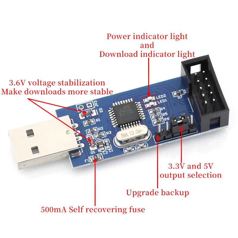 MGQH USBASP USBISP AVR Programmer USB ATMEGA8 ATMEGA128 ATtiny/CAN/PWM 10Pin Wire Module DIY + 10Pin To 6 Pin Adapter Board