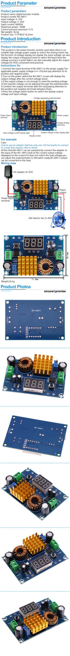 XH-M411 DC 3V-35V to DC 5V-45V Boost Converter Module Voltage Regulator Adjustable Step Up Voltmeter Digital Display Module