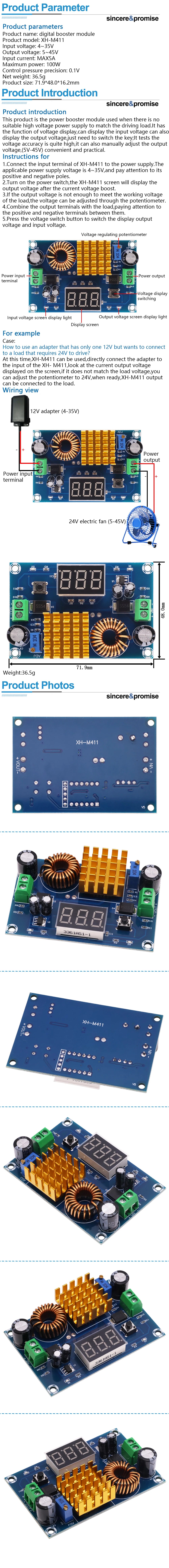 XH-M411 DC 3V-35V to DC 5V-45V Boost Converter Module Voltage Regulator Adjustable Step Up Voltmeter Digital Display Module