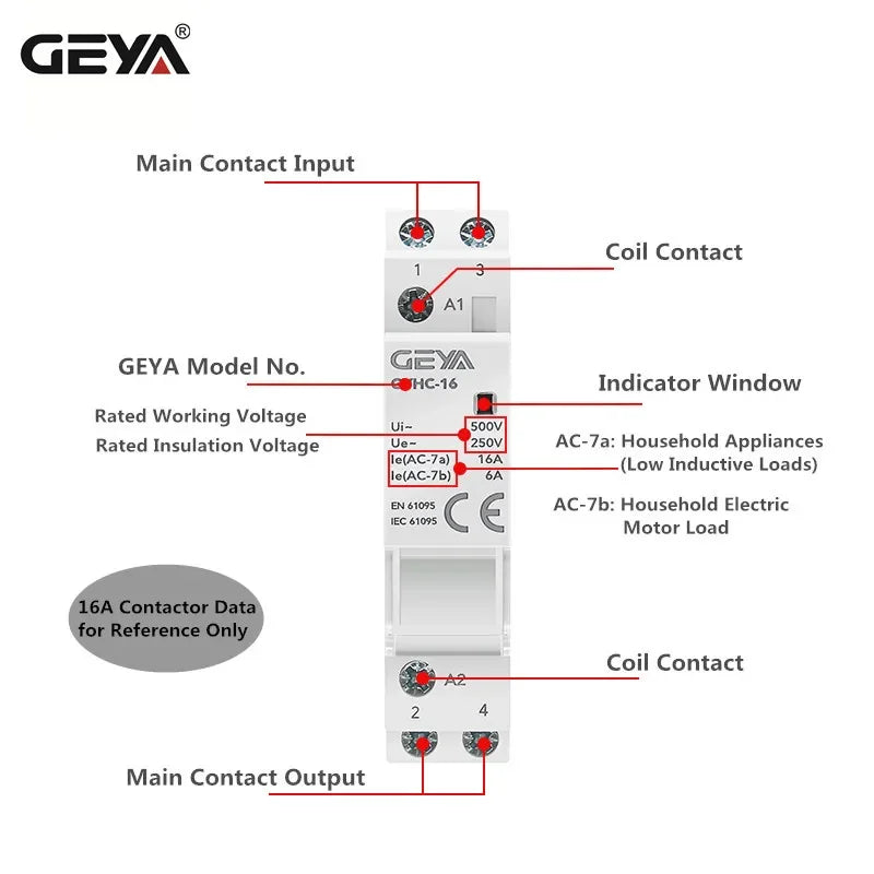 GEYA Din Rail Mounted Household Modular AC Contactor for Smart Home/Hotel - AC220V, 2P, 16A/20A/25A, 2NC/2NO/1NO1NC, 50/60Hz
