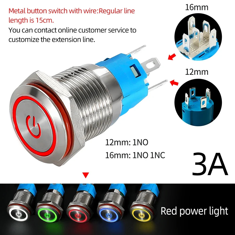 12/16mm Flat LED Illuminated Reset Latching Ring LED Metal Push Button Switch Waterproof On Off with Power Symbol