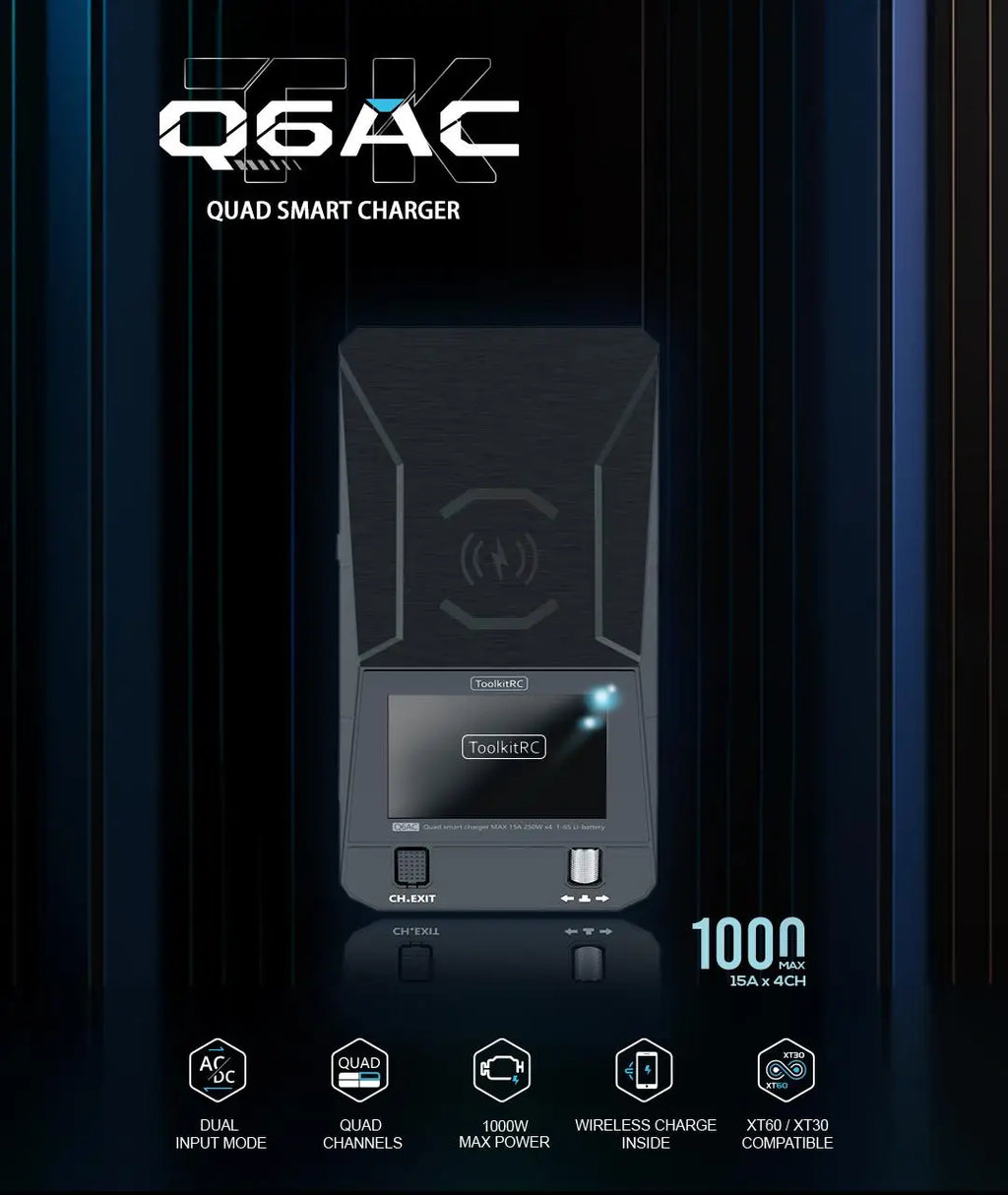 ToolkitRC Q6AC 400W/ DC 1000W 4CH Smart Balance Output Built-in 65W USB Output 15W Charger With Wireless for 1‑6S LiPo Batter