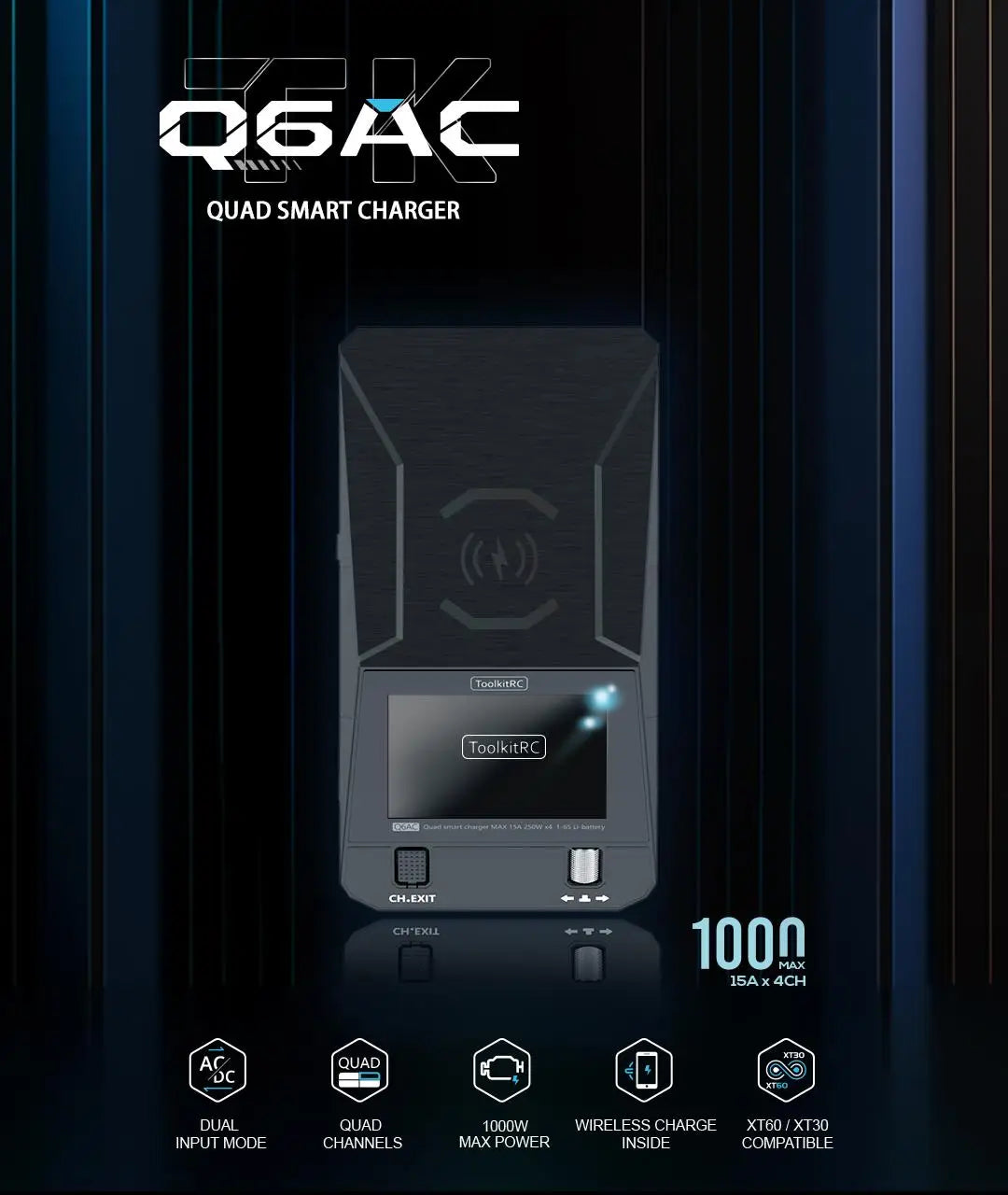 ToolkitRC Q6AC 400W/ DC 1000W 4CH Smart Balance Output Built-in 65W USB Output 15W Charger With Wireless for 1‑6S LiPo Batter