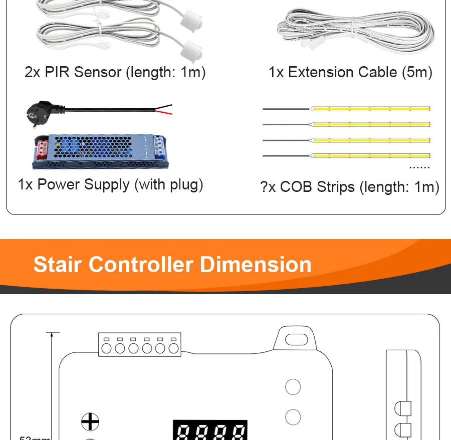 COB LED Strip PIR Motion Sensor Stair Lights Kit Step by Step Control Indoor Smart Staircase Lighting Controller with Main Line