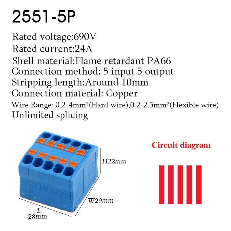 Electrical Cable Wire Connectors Push-in Terminal Block Universal Compact Wiring Multiple In Out Spliceable Mount On Din Rail