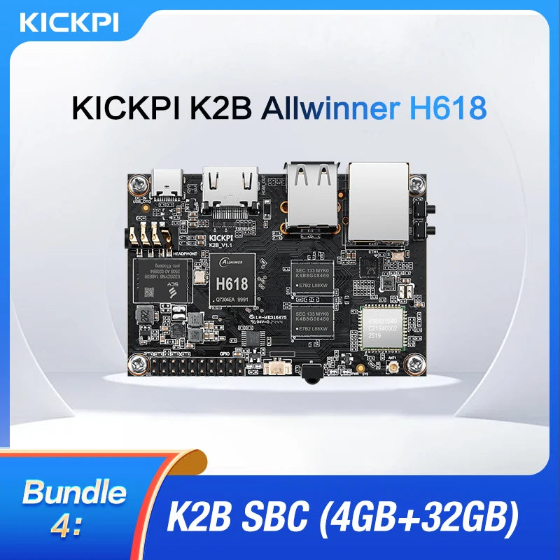 KICKPI K2B 4GB DDR 32GB EMMC H618 SBC, Quad-Core Cortex-A53, Mali-G31 MP2, 4K HDMI, Gigabit Ethernet, WiFi 5, BT