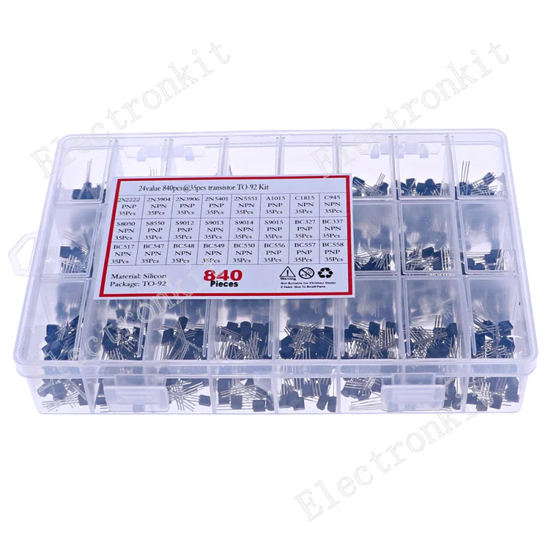 840pcs 24Values TO-92 PNP/NPN Transistor Assortment Kit BC327 BC337 BC547 2N2222 3904 3906 C945 BC517 BC550 BC556 BC558 S9014