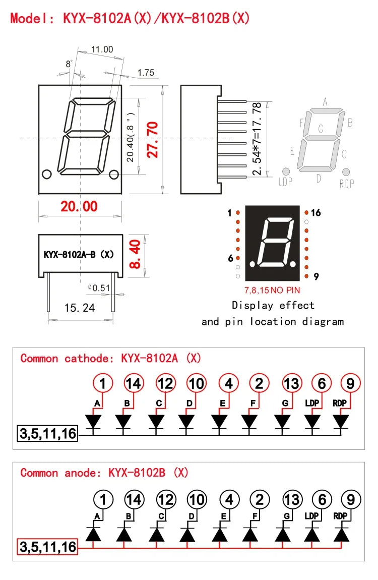 10PCS 0.8 inch 1-digit digital tube 20mmX27.7mm digital display screen "8" high 20.4mm 7-segment digital tube 8106 series 8102