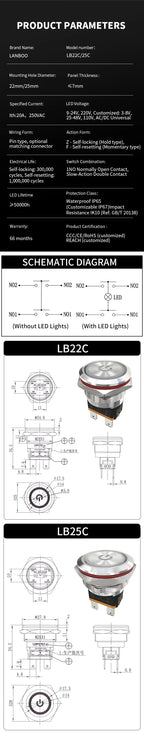 LANBOO 22mm 15A 2NO High Current Push Button Switch with LED 24V 220V Momentary Latching