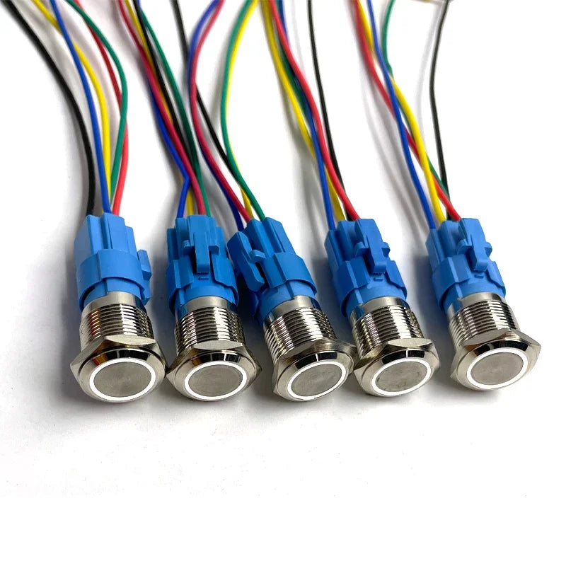 5 pcs Metal Push Button Switch 12v 16mm 19mm 22mm Ring Lamp Power Symbol Waterproof LED Light Self Lock Reset with Connector 220
