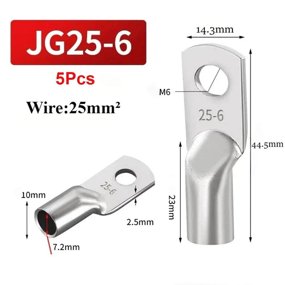 5Pcs JG Series Tinned Copper Cable Lug 14-2AWG 6/10/16/25mm2 Battery Cable Terminal Tinned Copper M6/M8/M10/M12