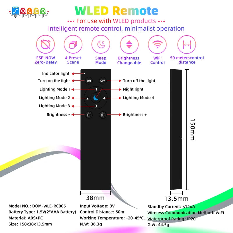 DOMRAEM Addressable WLED WiFi LED Remote Control - ESP-NOW 30M Range, Low-Power, 4-Scene Memory, App-Free Control,RGB IC Control
